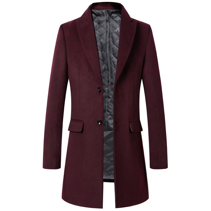 Podzimní a zimní pánský jednořadý vlněný kabát pro mladé a středního věku, zahušťující korejský styl, štíhlý kabát, pánské oblečení