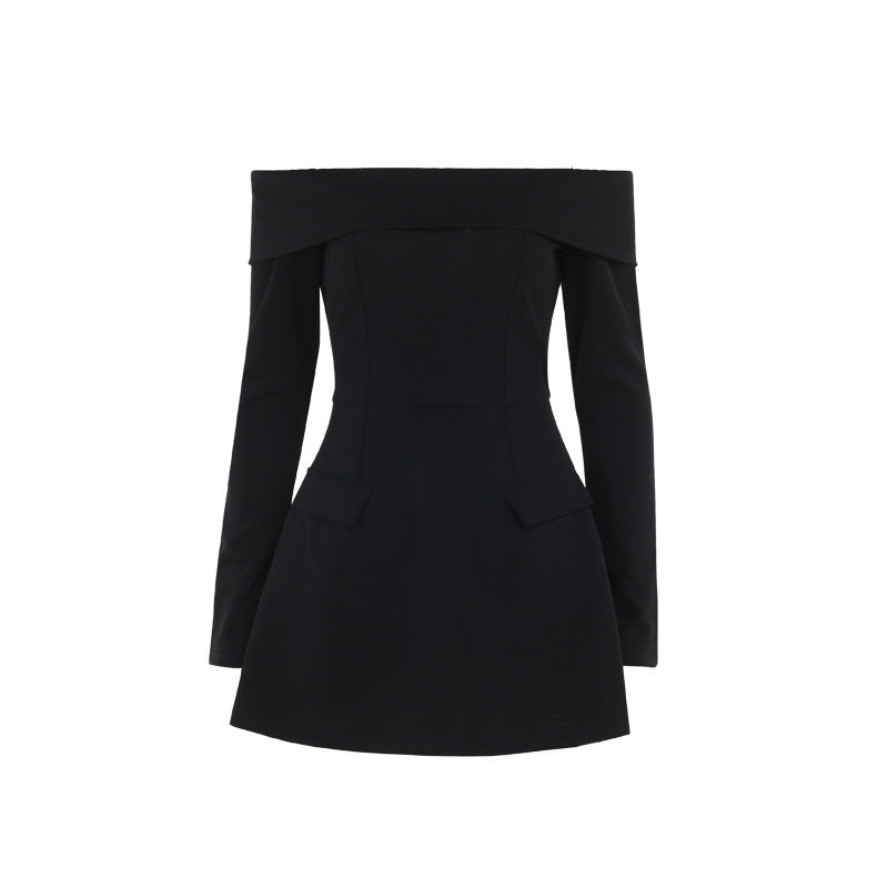 Women's elegant A-line dress with exposed shoulders, slim fit
