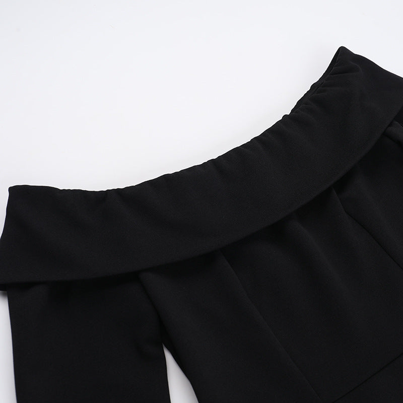 Women's elegant A-line dress with exposed shoulders, slim fit