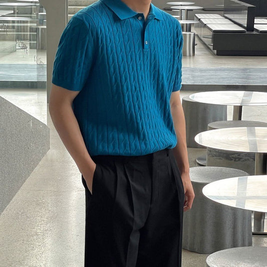 Pánské volné polo tričko s krátkým rukávem a tenkými klopami, pletené, s krátkým rukávem