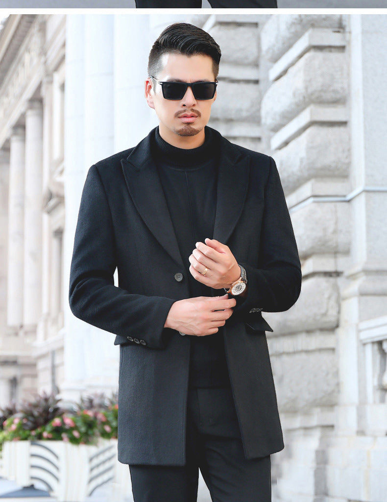 Podzimní a zimní pánský jednořadý vlněný kabát pro mladé a středního věku, zahušťující korejský styl, štíhlý kabát, pánské oblečení