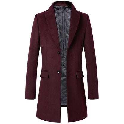 Podzimní a zimní pánský jednořadý vlněný kabát pro mladé a středního věku, zahušťující korejský styl, štíhlý kabát, pánské oblečení