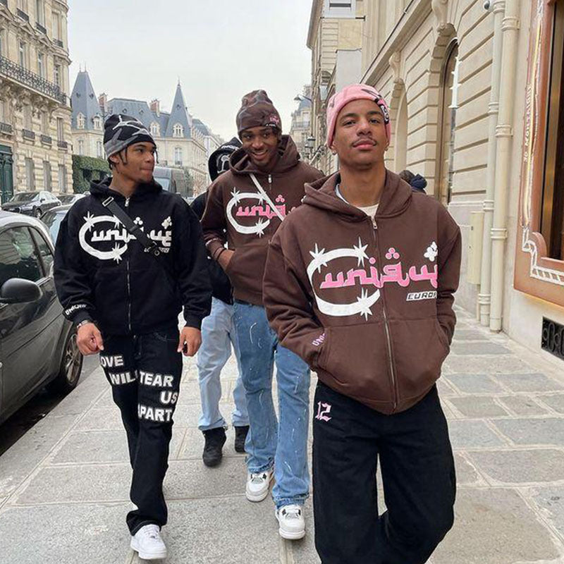 Pánské a dámské mikiny s kapucí a kardigan na zip s potiskem písmen