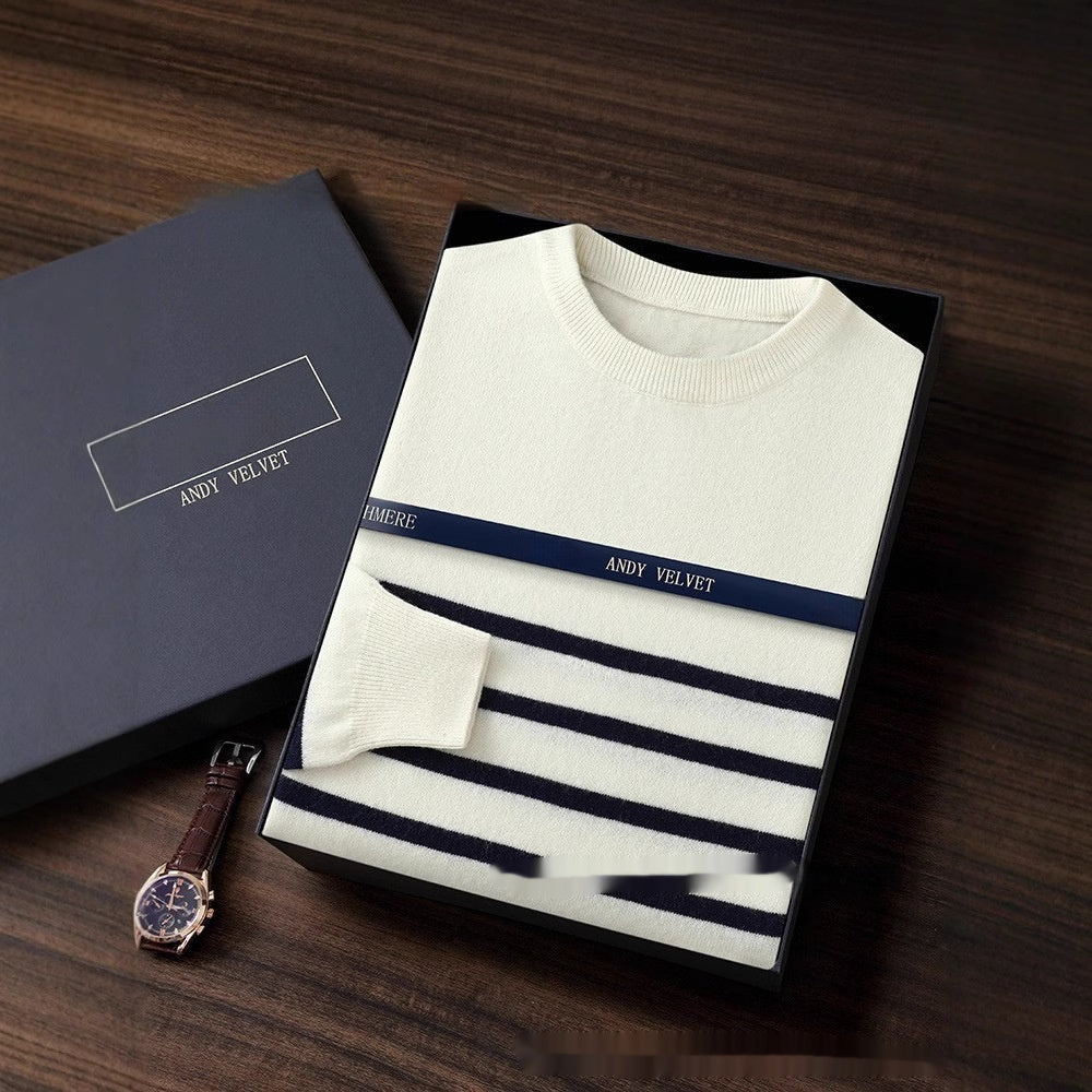 Pánský ležérní pruhovaný svetr s kulatým výstřihem