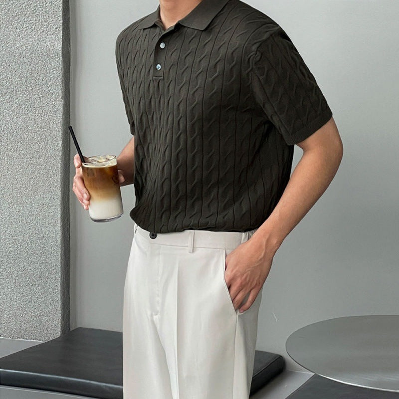 Pánské volné polo tričko s krátkým rukávem a tenkými klopami, pletené, s krátkým rukávem