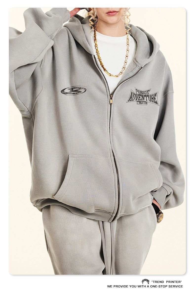 Retro módní značka špinavě barveného opotřebovaného nadměrného volného fleecového mikina na zip