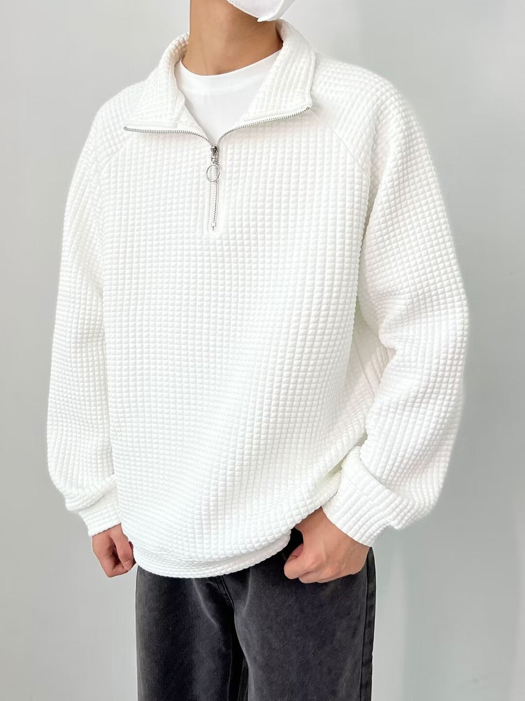 Pánský ležérní svetr s vaflovým zipem a klopou