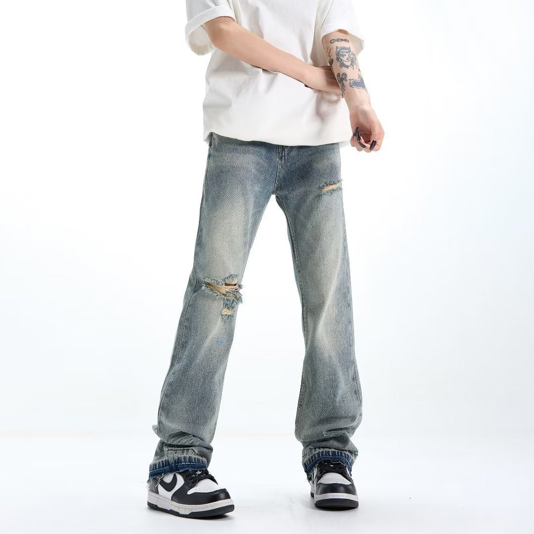 Volné rovné roztrhané džíny pro muže