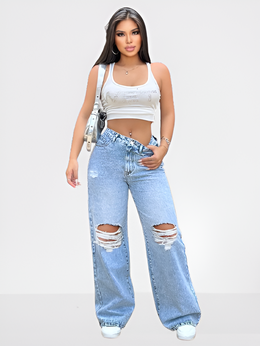 Denvara – dámské roztrhané džíny s vysokým pasem