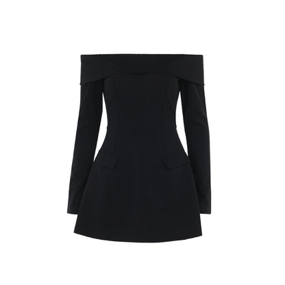 Women's elegant A-line dress with exposed shoulders, slim fit