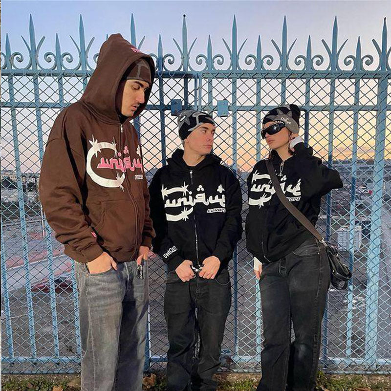 Pánské a dámské mikiny s kapucí a kardigan na zip s potiskem písmen