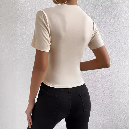 Women's slim fit short-sleeved T-shirt with small turtleneck