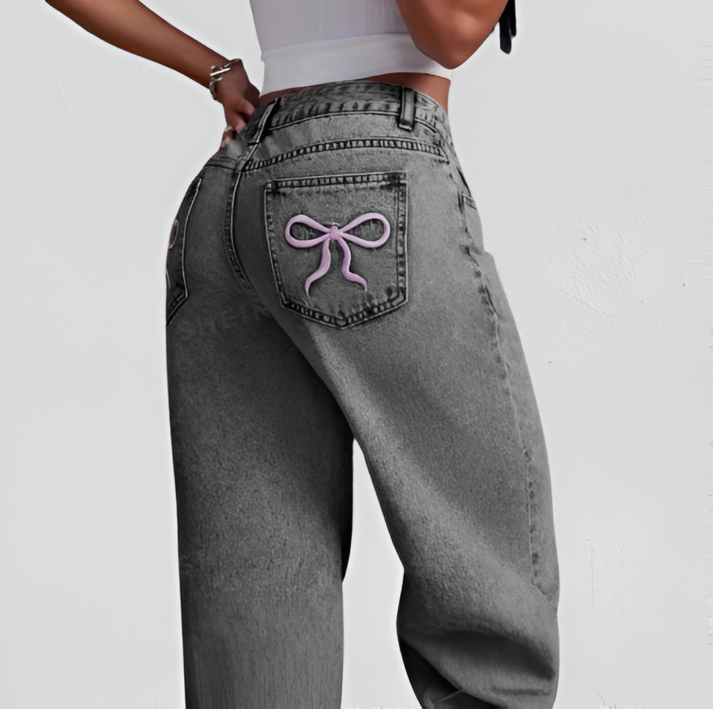 Bowvara – dámské rovné džíny s vyšívanou mašlí