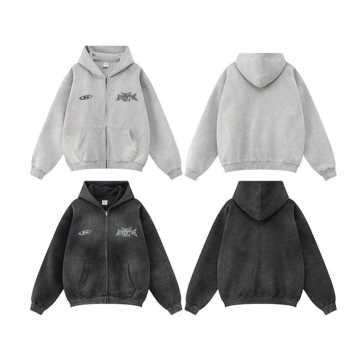 Retro módní značka špinavě barveného opotřebovaného nadměrného volného fleecového mikina na zip