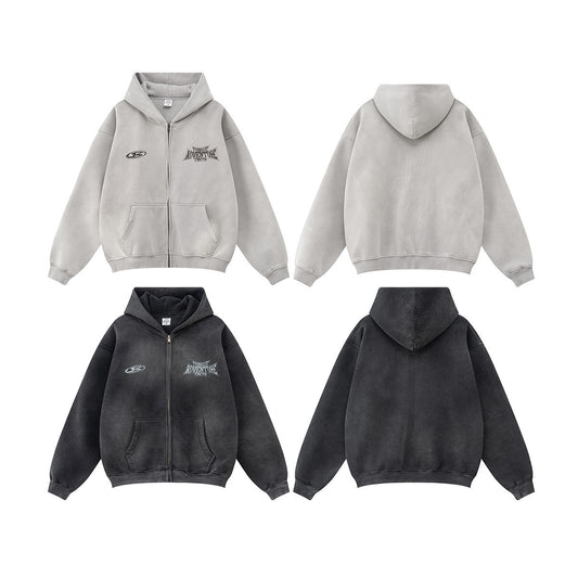 Retro módní značka špinavě barveného opotřebovaného nadměrného volného fleecového mikina na zip