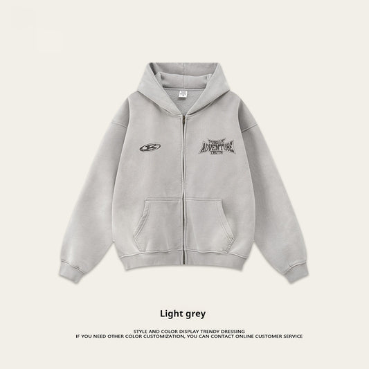 Retro módní značka špinavě barveného opotřebovaného nadměrného volného fleecového mikina na zip