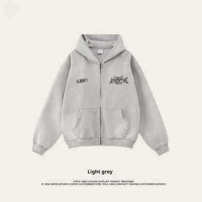 Retro módní značka špinavě barveného opotřebovaného nadměrného volného fleecového mikina na zip