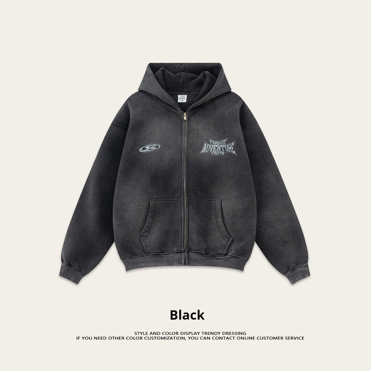 Retro módní značka špinavě barveného opotřebovaného nadměrného volného fleecového mikina na zip