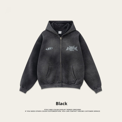 Retro módní značka špinavě barveného opotřebovaného nadměrného volného fleecového mikina na zip