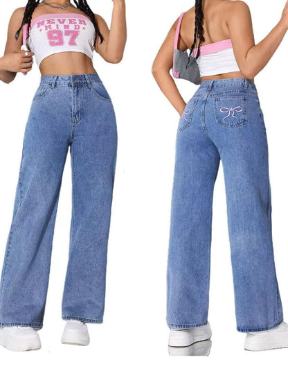 Bowvara – dámské rovné džíny s vyšívanou mašlí