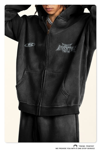 Retro módní značka špinavě barveného opotřebovaného nadměrného volného fleecového mikina na zip