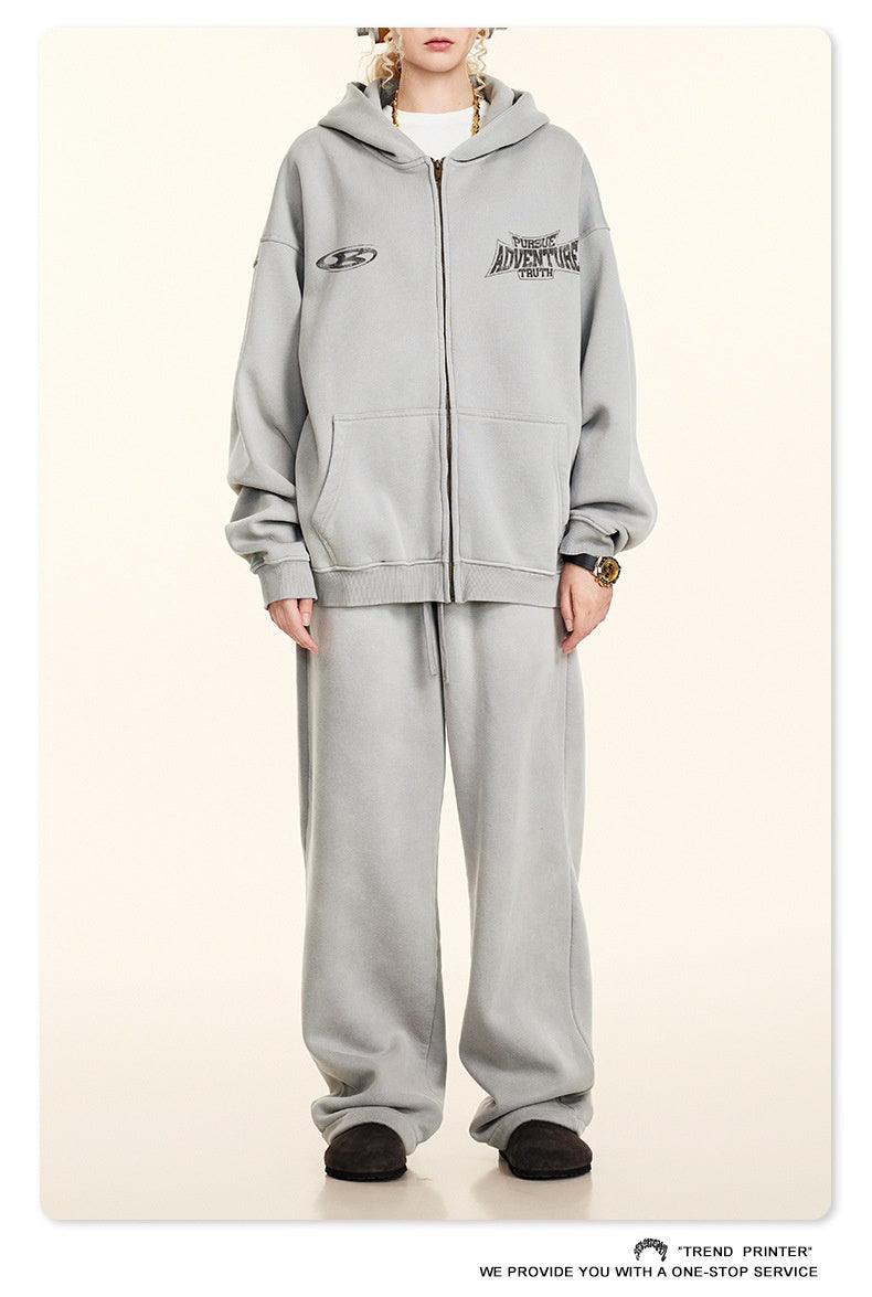 Retro módní značka špinavě barveného opotřebovaného nadměrného volného fleecového mikina na zip