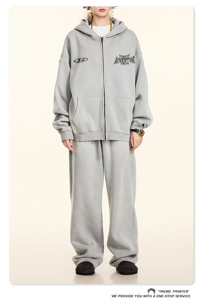 Retro módní značka špinavě barveného opotřebovaného nadměrného volného fleecového mikina na zip